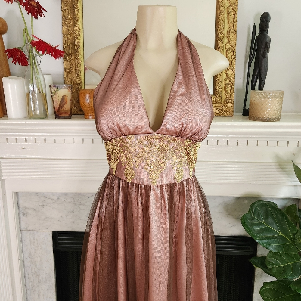 Adrianna Papell Boutique Mocha Brown Pink Gold Halter Dress Beaded Cocktail Sz 4 - Picture 3 of 14